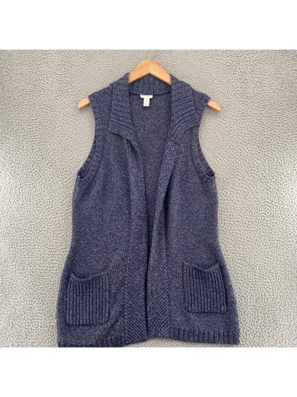 Chicos Sweater Womens 2 US Large Navy Silver Heather Cardigan Vest Collar Pocket